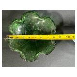 VTG Fenton Blue Opalescent Buttons Ruffle Top Vase & Murano Green Candy Dish Set