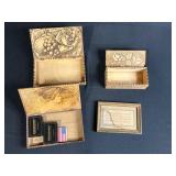 Collection of 4 Antique Pyrography Wooden Boxes and Framed Motto
