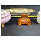 Vintage Porcelain Vanity Set with Hand Painted Tray, Bavaria Vase, Milk Glass Toothpick Holder, and Wood Trinket Box