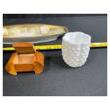 Vintage Porcelain Vanity Set with Hand Painted Tray, Bavaria Vase, Milk Glass Toothpick Holder, and Wood Trinket Box