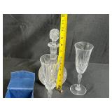 Crystal Decanter, 2 Champagne Flutes, and Pink Perfume Bottle Set