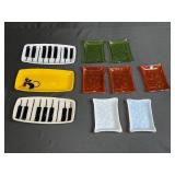 Set of Art Glass Trinket and Serving Dishes with Piano and Cat Designs