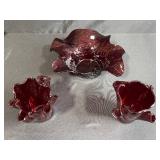 Set of 3 Hand-Blown Ruby Red Ruffled Glass Pieces