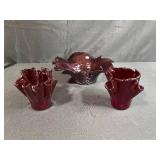 Set of 3 Hand-Blown Ruby Red Ruffled Glass Pieces
