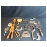 Antique Kitchen Utensil Collection with Choppers and Wooden Tools