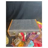Vintage Suitcase with Assorted Silk Scarves and Tapestry Purse