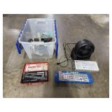 Assorted Tools and Hardware Collection with Socket Sets, Tap and Die Set, Grinder, Submersible Pump, and Fan