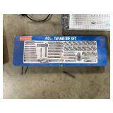 Assorted Tools and Hardware Collection with Socket Sets, Tap and Die Set, Grinder, Submersible Pump, and Fan