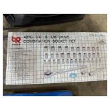 Assorted Tools and Hardware Collection with Socket Sets, Tap and Die Set, Grinder, Submersible Pump, and Fan