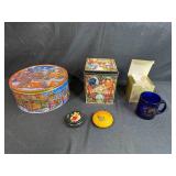 Collection of Vintage Decorative Tins and Trinket Boxes with Mug