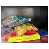 Assorted Board Game Pieces, Tiles, Racks, and Game Boards Collection