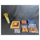 Collection of Vintage Board Game Pieces, Wooden Box, and Knitting Needles