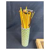 Collection of Vintage Board Game Pieces, Wooden Box, and Knitting Needles