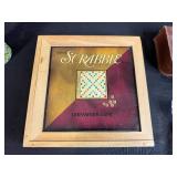 Collection of Vintage Board Game Pieces, Wooden Box, and Knitting Needles