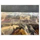 Collection of Vintage Board Game Pieces, Wooden Box, and Knitting Needles