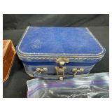 Collection of Vintage Board Game Pieces, Wooden Box, and Knitting Needles