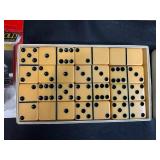 Vintage Assortment: 2 Domino Sets, Johnny Lightning Car, Crochet Doilies, Handkerchiefs, Mini Suitcases