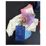 Vintage Assortment: 2 Domino Sets, Johnny Lightning Car, Crochet Doilies, Handkerchiefs, Mini Suitcases