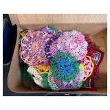 Vintage Assortment: 2 Domino Sets, Johnny Lightning Car, Crochet Doilies, Handkerchiefs, Mini Suitcases
