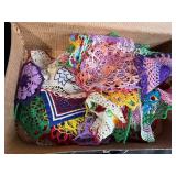 Vintage Assortment: 2 Domino Sets, Johnny Lightning Car, Crochet Doilies, Handkerchiefs, Mini Suitcases