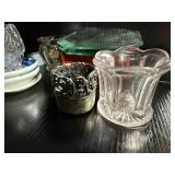 Collection of Miniature Porcelain, Glass and Decorative Items Including Vintage Red Box and Crystal Clown Figurine