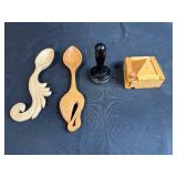 Set of Hand Carved Wooden Spoons, Wooden Butter Mold, and Vintage Tamper