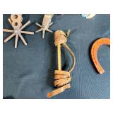 Vintage Western Collectibles Lot with Roy Rogers Horseshoes, Toy Horse, Wagon, Wall Art, and Cowboy Mug