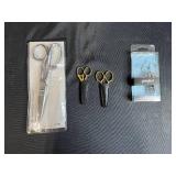 Lot of 4 Scissors Including Gingher Embroidery, Kitchen Shears, and 2 Gold Tone Scissors with Sheaths