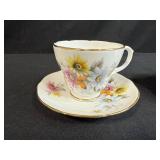 2 Bone China Teacup (one Adderley) and Saucer Sets with Ceramic Cat Creamer