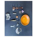 Collection of Vintage Tools and Curios including Padlocks, Wooden Bowl, and Antique Ulu Chopper