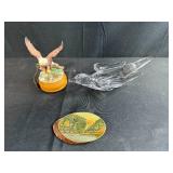 Bird Figurine Collection Including Westland Eagle Music Box, Crystal Bird and Wood Slice Art