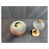 Artisan Raku Pottery Vase and Antique Victorian Glass Oil Lamp