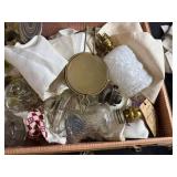 Vintage Glass Oil Lamp Parts in Suitcase, Puzzle Trays, and Liberty Bank Pouch
