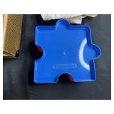 Vintage Glass Oil Lamp Parts in Suitcase, Puzzle Trays, and Liberty Bank Pouch