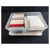 Large Collection of Assorted Blank Greeting Cards and Envelopes in Plastic Bin
