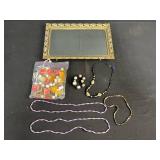 Vintage Ornate Metal Mirror Tray, Jewelry Assortment, and Mini Perfume Bottles