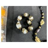 Vintage Ornate Metal Mirror Tray, Jewelry Assortment, and Mini Perfume Bottles