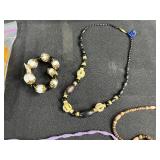 Vintage Ornate Metal Mirror Tray, Jewelry Assortment, and Mini Perfume Bottles