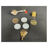 Assorted Vintage Coins and Collectible Tokens with Novelty Items