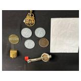 Assorted Vintage Coins and Collectible Tokens with Novelty Items