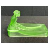 Art Deco "Nude Woman" Glass Trinket Dish and Pair of Brass Ballerina Finials