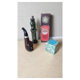 Avon Aftershave Decanter Collection Including Weather Or-Not, Pipe Shaped Bottle, and Decorative Powder Jar