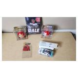 NASCAR Collectibles Including Ertl Die-Cast Car, Dale JR and Jeff Gordon Ornaments, and Dale Earnhardt Documentary