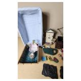 Lot of Home and Garden Decor Items including Metal Plaques, Baskets, and Figurines