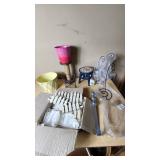 Various Household Items Including Decorative Planters and Hooks, Small Stool, and Fencing Pieces