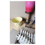 Various Household Items Including Decorative Planters and Hooks, Small Stool, and Fencing Pieces