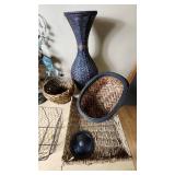 Wicker Baskets and Decorative Items Assortment including Large Vase, Wire Tray, and Figurines