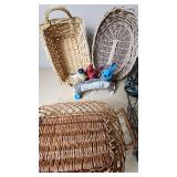 Wicker Baskets and Decorative Items Assortment including Large Vase, Wire Tray, and Figurines