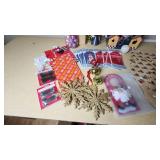 Christmas and Holiday Decor Lot including Gift Bags, Ornaments, and Wrapping Accessories