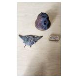 Excelsior Roller Jewels Metal Box, Vintage Bell, and Metal Emblem